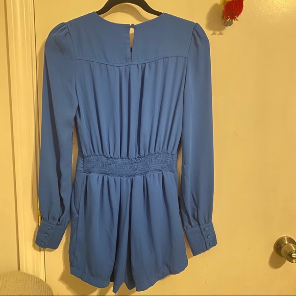 Blue long sleeve deep plunge romper - Picture 7 of 7